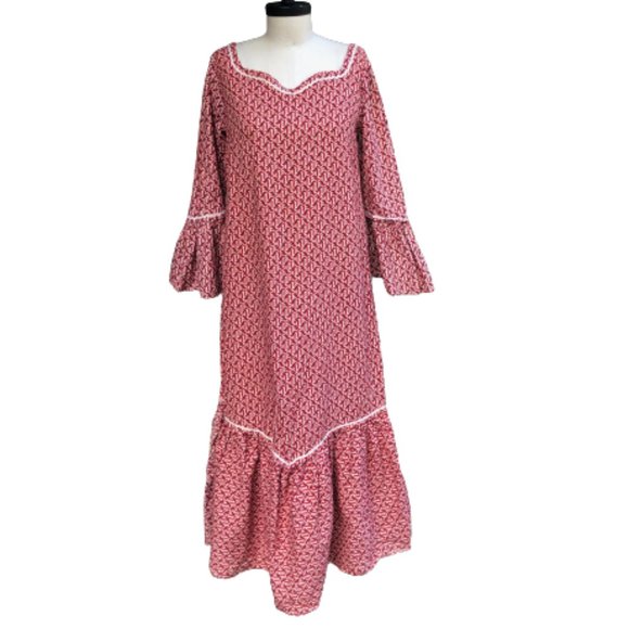 Vtg 60s UAR Egyptian Prairie Cottage Core Patterned Ruffle Maxi Dress Nefertari - Picture 3 of 16